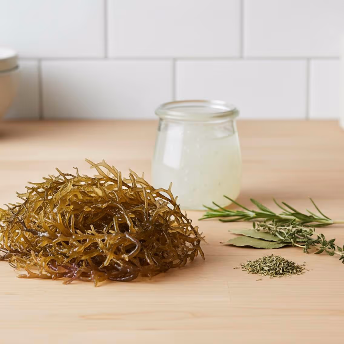 A close-up of a wooden counter with a cluster of raw, dark brown, translucent true sea moss (likely Chondrus crispus or Irish moss) on the left. To the right is a small, open glass jar filled with the cloudy, pale yellow, gelatinous sea moss gel. Also scattered on the counter are sprigs of fresh rosemary and thyme, a dried bay leaf, and a small pile of dried herbs. The background is a white subway tile backsplash.