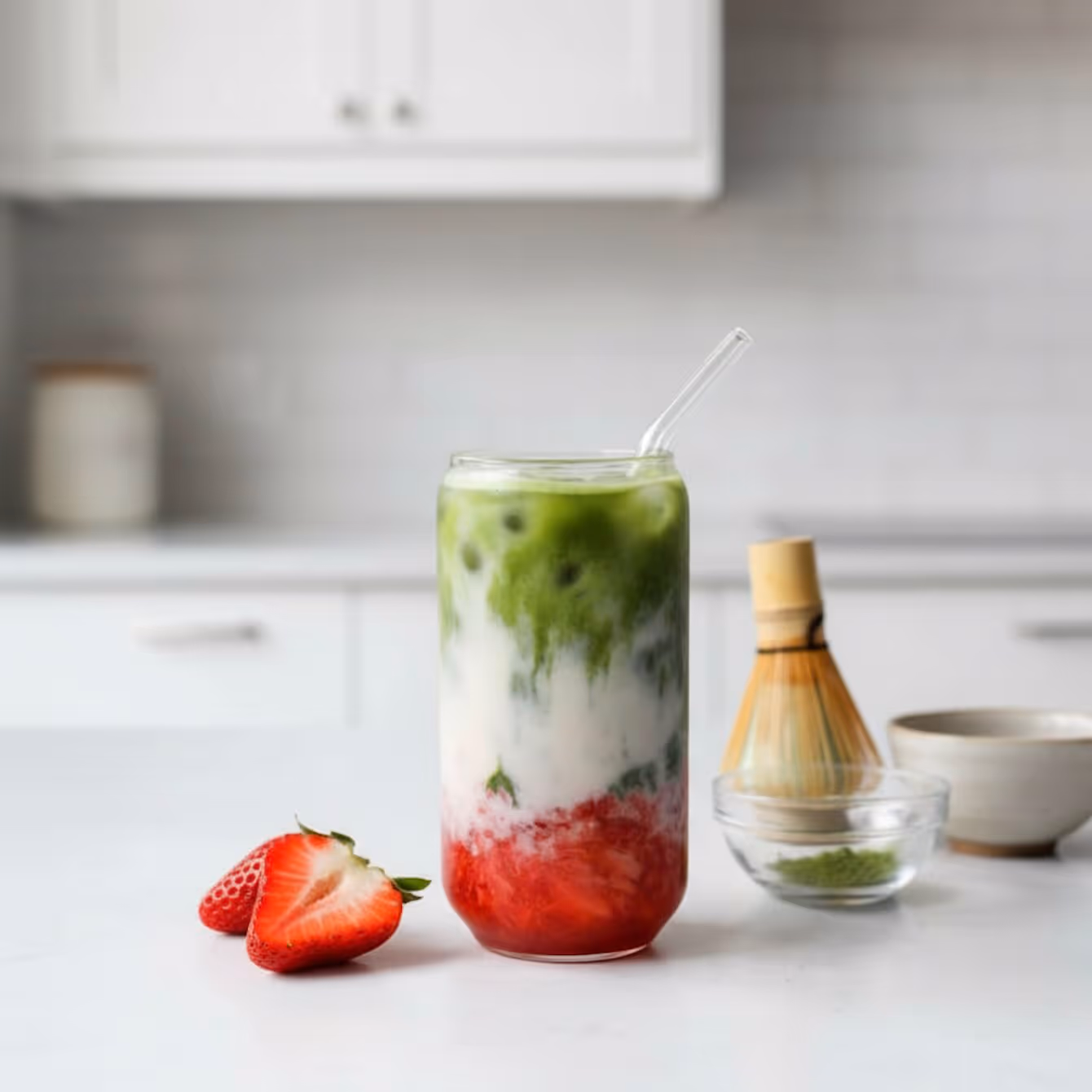 A layered strawberry matcha latte in a tall clear glass with a clear glass straw. The drink shows three distinct layers: bright red crushed strawberries and syrup on the bottom, a white milky layer in the middle, and a vibrant green matcha layer on top. The glass sits on a white counter next to two halved strawberries, a small glass bowl of bright green matcha powder, and a bamboo matcha whisk (chasen). The background is a bright, minimalist white kitchen.