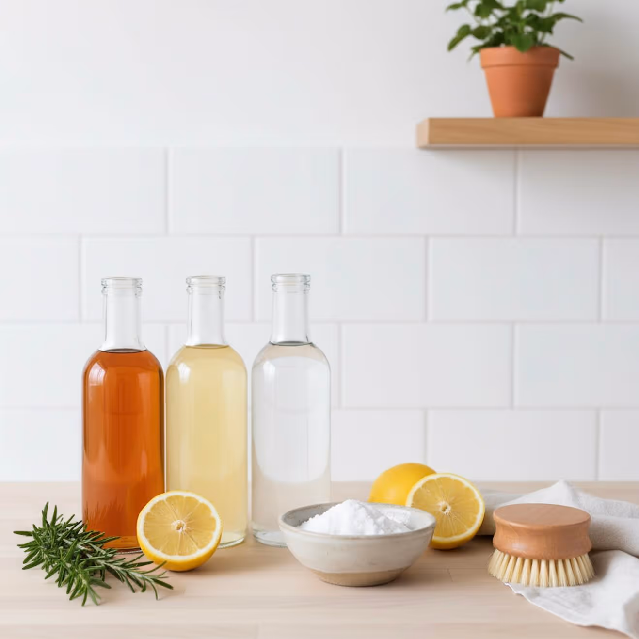A bright, minimalist counter setting with three clear glass bottles containing natural disinfectants. In front of the bottles are three lemon halves, a sprig of rosemary, a small bowl of white powder (baking soda), and a wooden cleaning brush resting on a light linen cloth. The background is a white subway tile backsplash, and a small potted plant on a wooden shelf is visible in the upper right.