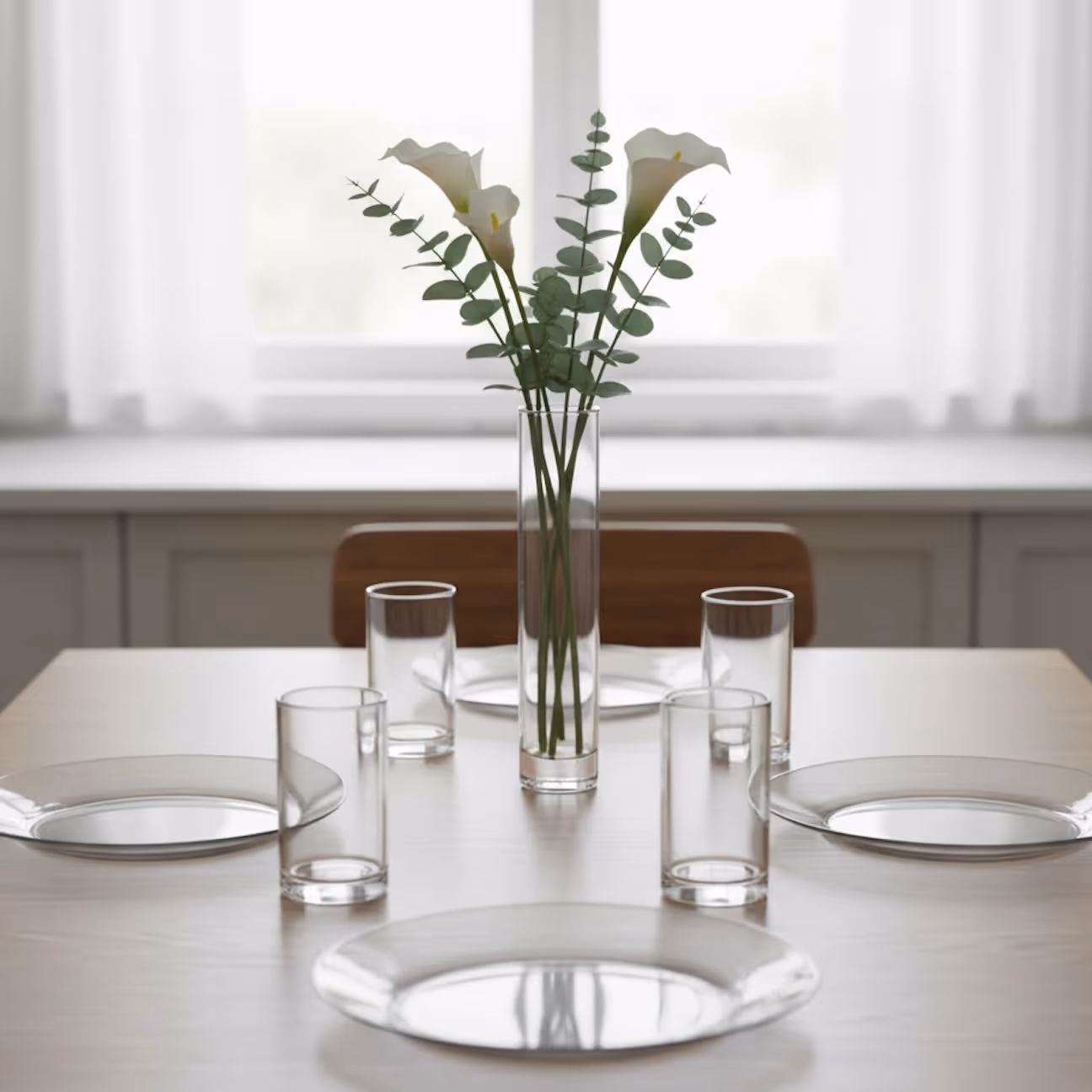 A close-up of a wooden dining table set with non-toxic dinnerware. A tall, cylindrical clear glass vase in the center holds white calla lilies and green eucalyptus branches. A softly lit window with sheer white curtains is in the background.