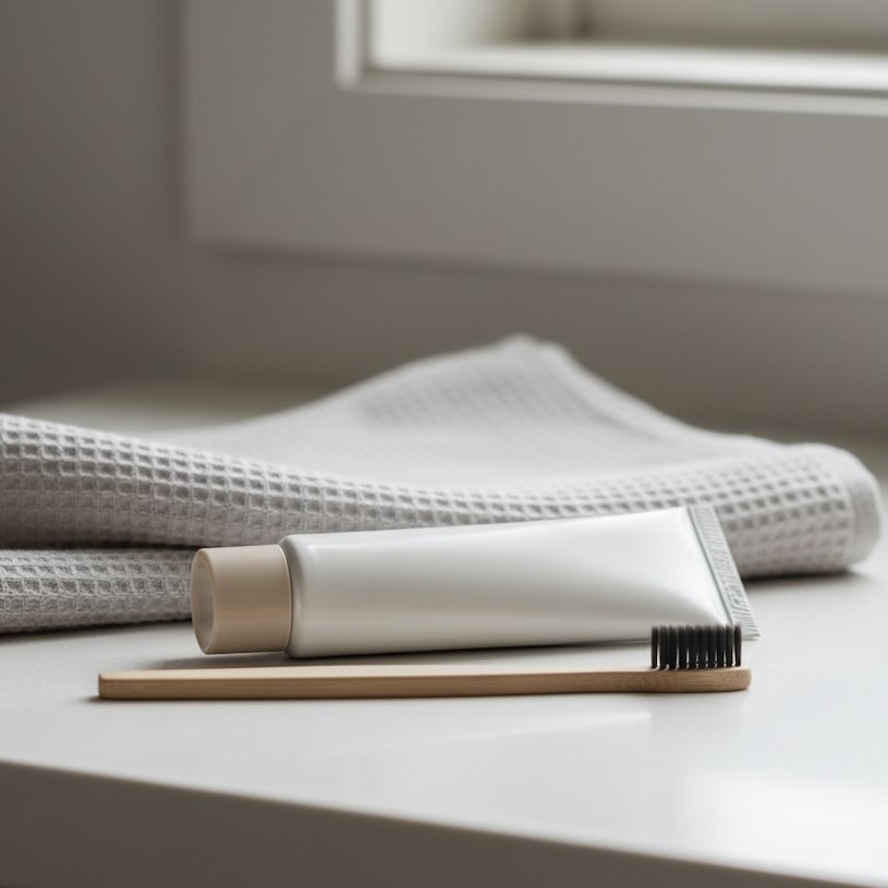 A minimalist bathroom scene with a white counter by a window. In the foreground, a white toothpaste tube with a beige cap is lying next to a bamboo toothbrush with black bristles. Behind them, a light grey waffle-knit hand towel is neatly folded. The lighting is soft and natural.