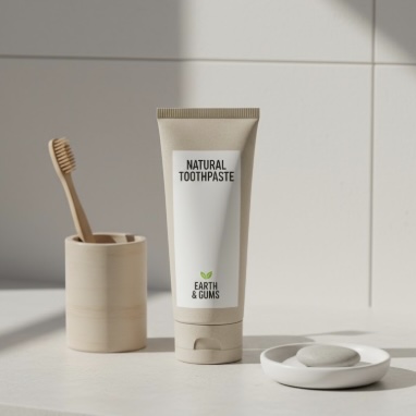 A minimalist bathroom scene featuring a neutral-toned tube of "NATURAL TOOTHPASTE" with a small green leaf icon. It stands on a light beige countertop next to a light wood toothbrush holder with a bamboo toothbrush. A small white ceramic dish holding a smooth grey pebble is also on the counter. The background is a tiled wall with subtle grout lines and sharp shadows from natural light.