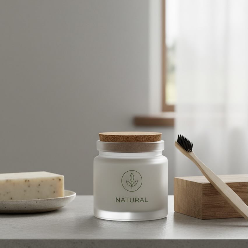 Minimalist still life of all-in-one natural toothpaste on a gray countertop: A frosted glass jar of natural toothpaste with a cork lid is centered, flanked by a bar of artisanal soap on a ceramic dish to the left, and a bamboo toothbrush resting against a wooden block to the right. The background is a soft, light gray with natural light filtering through a window.