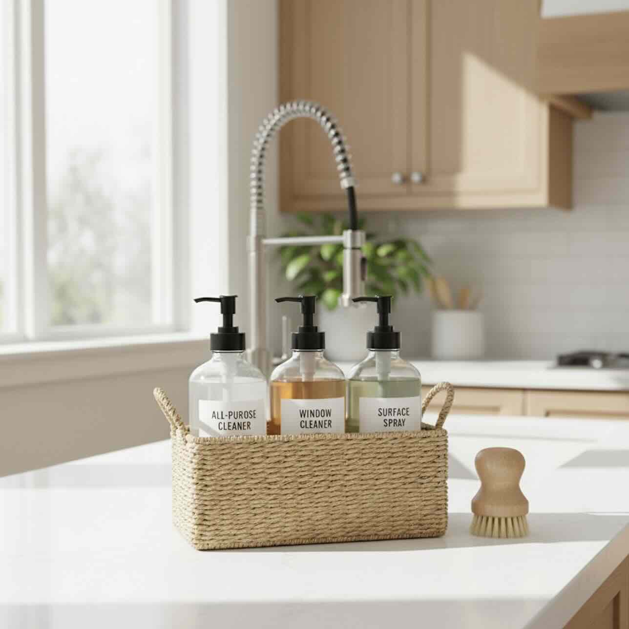 A clean, modern kitchen setting featuring minimalist eco-friendly cleaning bottles in a neutral-toned caddy, all with natural light.