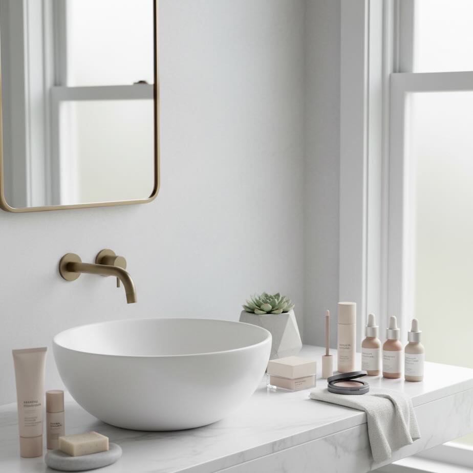 A clean, modern bathroom setting featuring a minimalist collection of non-toxic makeup in sleek containers, all in neutral tones.