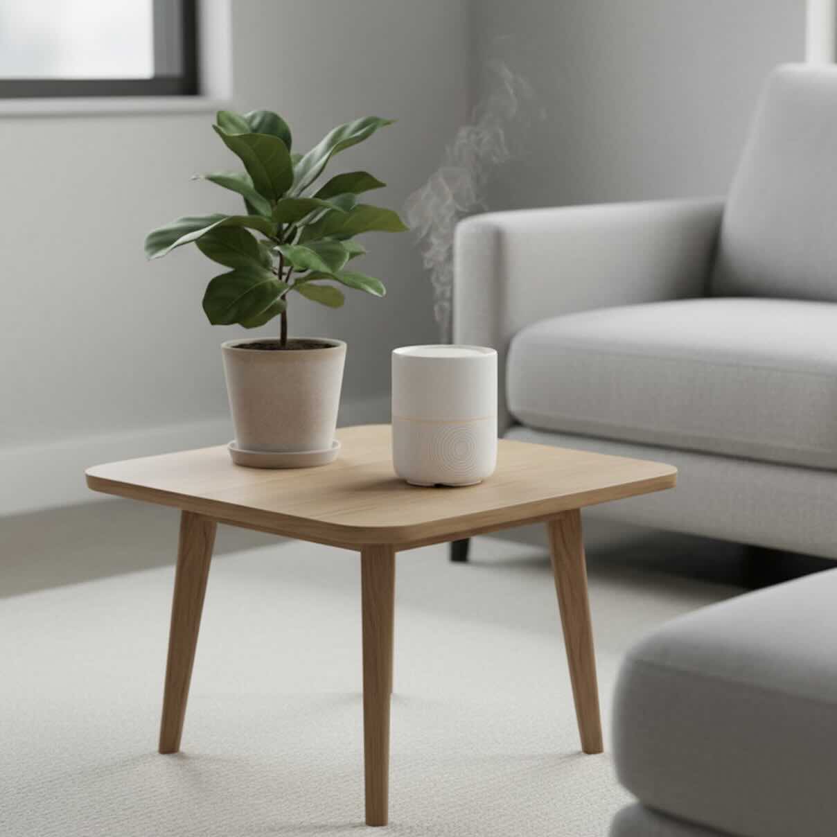 A clean, modern living room setting featuring a minimalist essential oil diffuser next to a small potted plant, all in neutral tones.