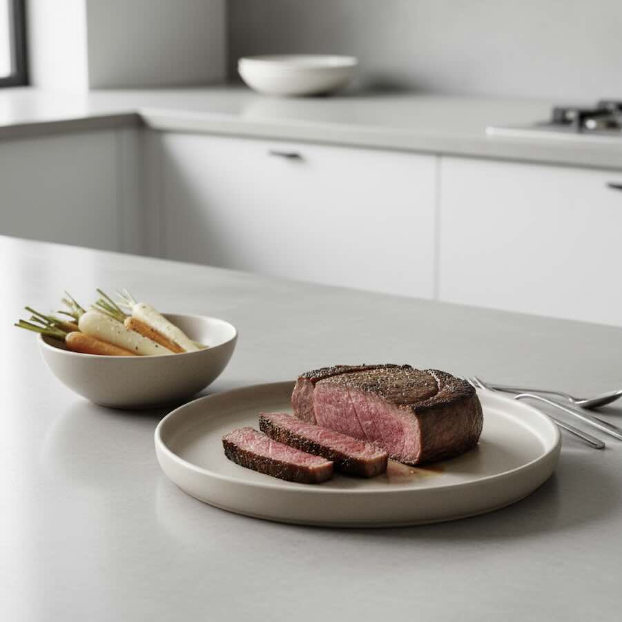 A clean, modern kitchen setting featuring a minimalist serving of cooked grass-fed steak next to a simple side dish, all in neutral tones.