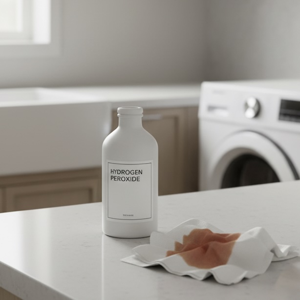 A clean, modern laundry room featuring a minimalist bottle of hydrogen peroxide next to a stained piece of white fabric, all in neutral tones.
