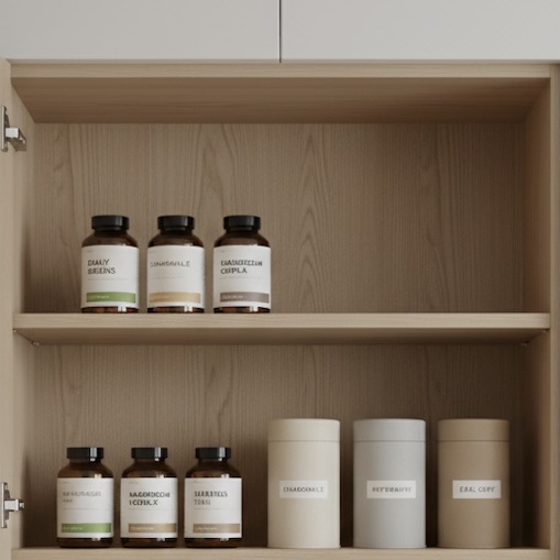 A clean, modern kitchen setting featuring a cupboard with some supplements inside next to a few types of tea, all in neutral tones.