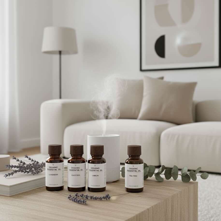 A clean, modern living room setting featuring a collection of organic essential oil bottles and a small diffuser, all in neutral tones.