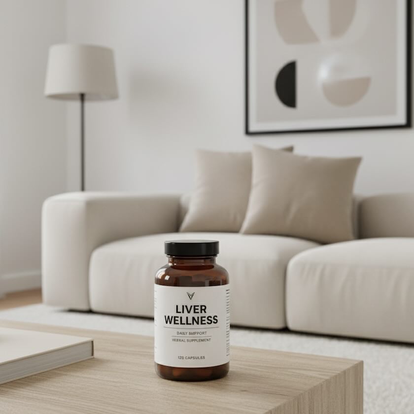 A clean, modern living room setting featuring a minimalist bottle of supplements specifically for liver health, all in neutral tones.