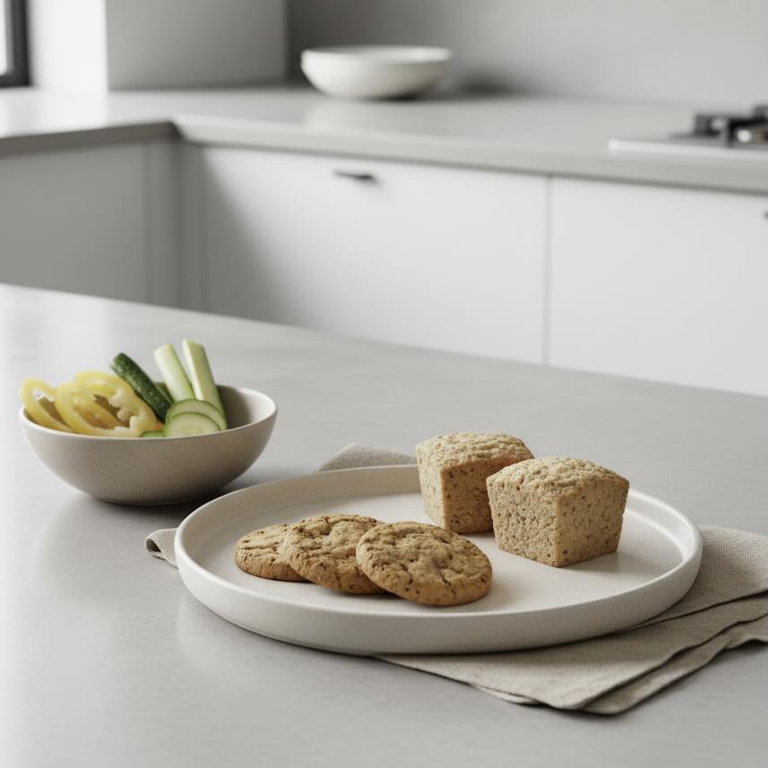 A clean, modern kitchen setting featuring a minimalist selection of gluten-free baked goods on a simple plate, all in neutral tones.