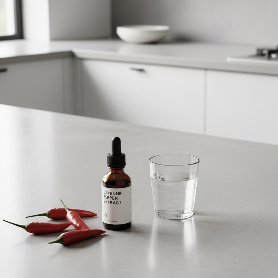 A clean, modern kitchen setting featuring a minimalist dropper bottle of cayenne pepper extract next to a small glass of water, all in neutral tones.