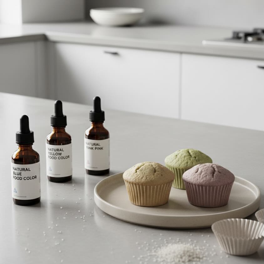 A clean, modern kitchen setting featuring a few bottles of natural food dyes next to natural whole cupcakes, all in neutral tones.