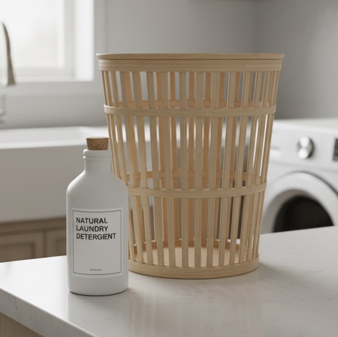 A clean, modern laundry room featuring a minimalist bottle of biodegradable detergent next to a bamboo basket, all in neutral tones.