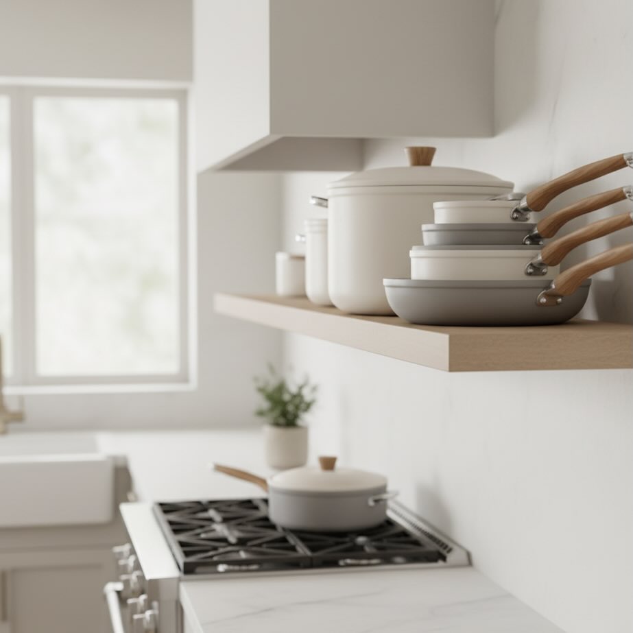 A clean, modern kitchen setting featuring a minimalist stack of non-toxic pots and pans on a simple shelf, all in neutral tones.