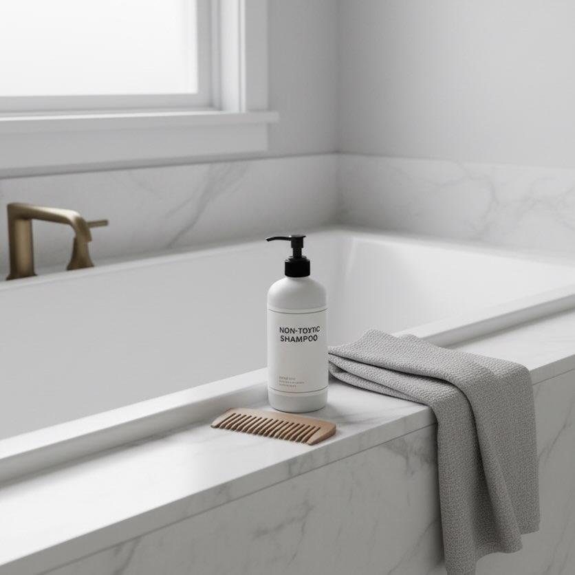 A clean, modern bathroom setting featuring a minimalist bottle of non-toxic shampoo next to a wooden comb, all in neutral tones.