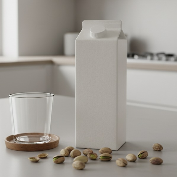 A clean, modern kitchen setting featuring a minimalist carton of Täche pistachio milk next to a glass, all in neutral tones.