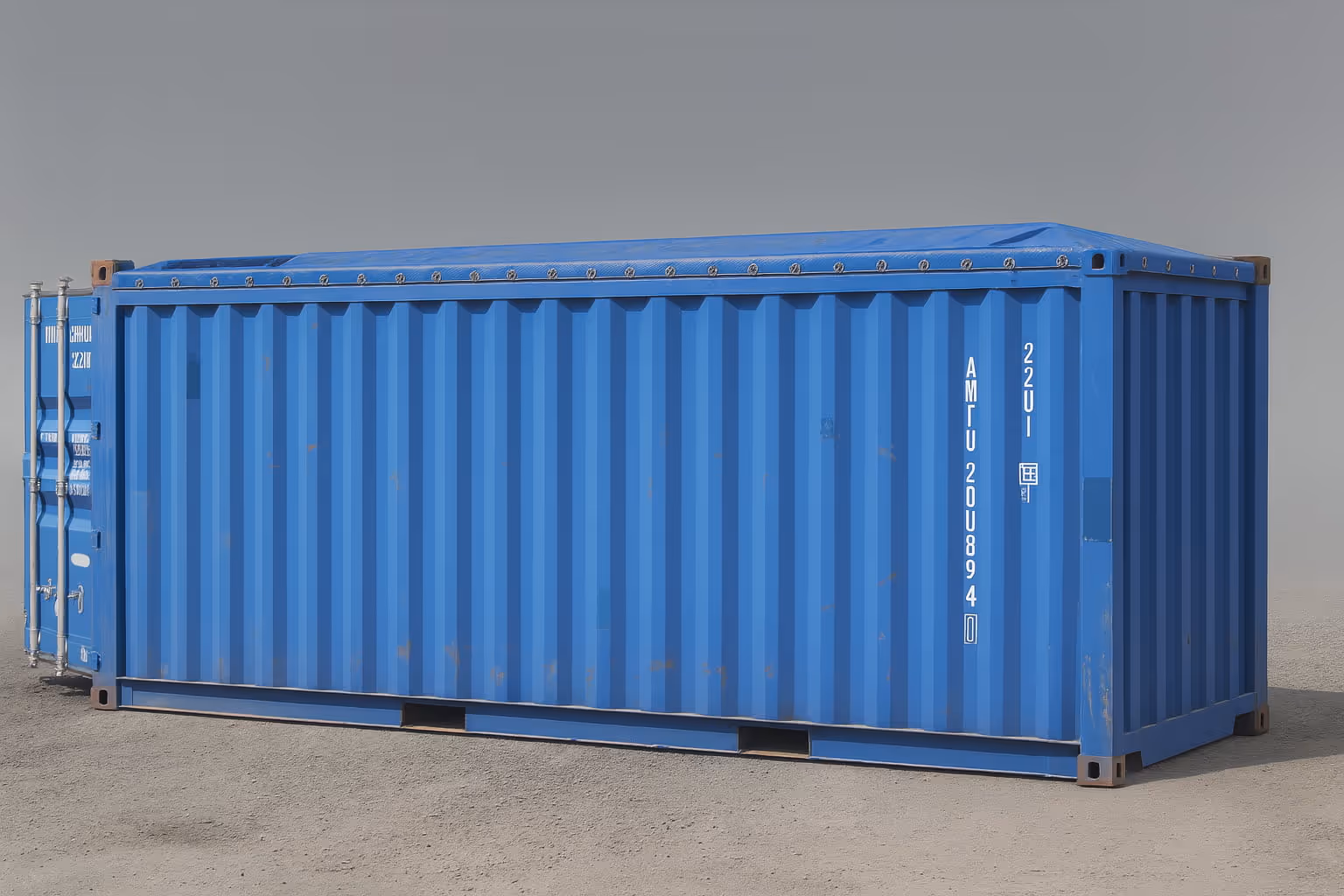 Blauer Frachtcontainer mit geschlossenem Dach steht auf einem sandigen Untergrund vor grauem Hintergrund.