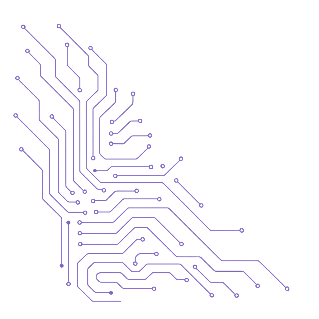 Abstract glowing purple circuit board pattern on a black background.