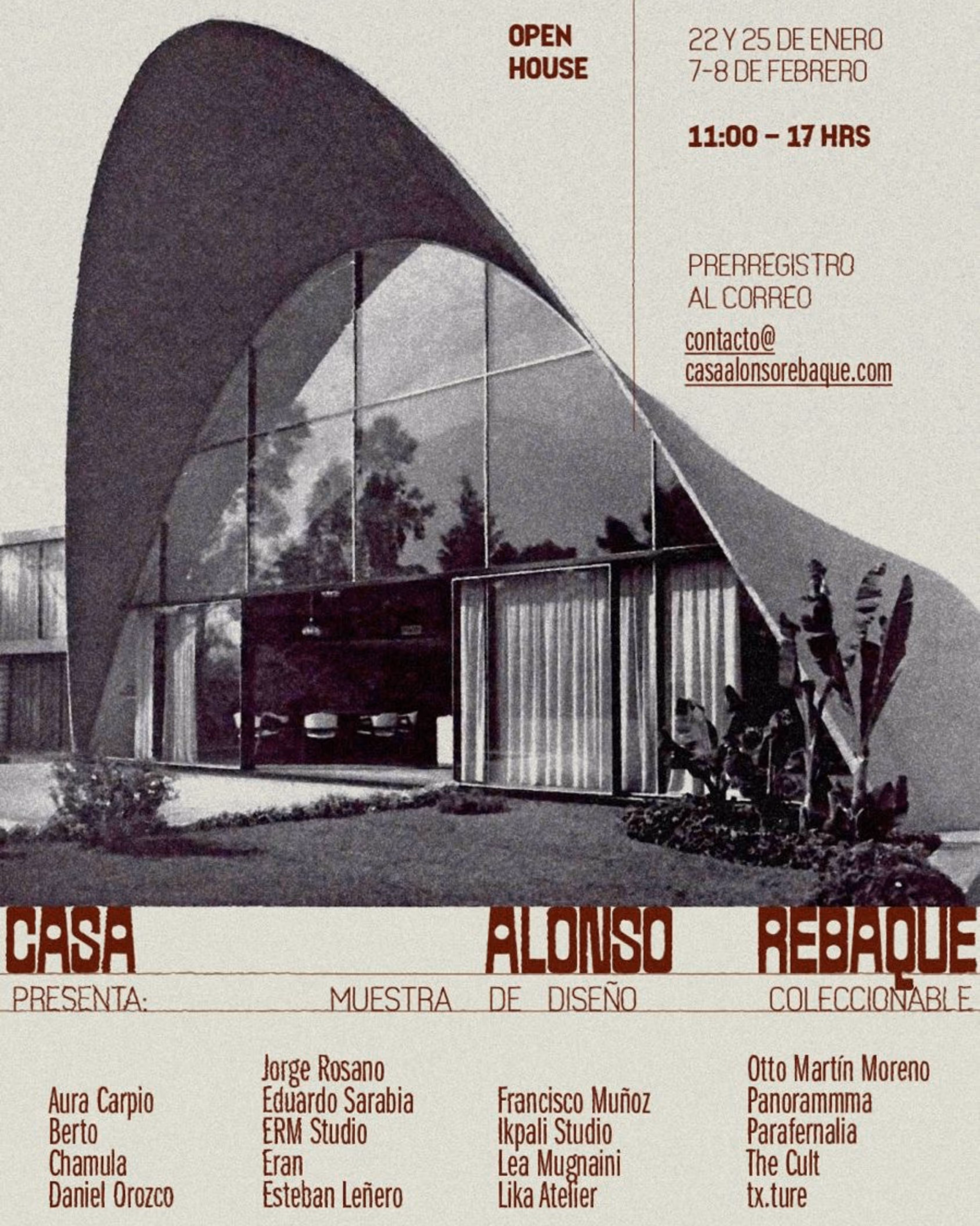 Architectural design of a modern curved roof house with large glass windows, announcing Casa Alonso Rebaque open house events on January 22 and 25, and February 7 and 8, from 11:00 to 17:00 hours.