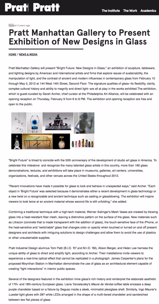 Pratt Manhattan Gallery announcement for Bright Future exhibition showcasing new glass designs including sculptures, tableware, and lighting by American and international artists.