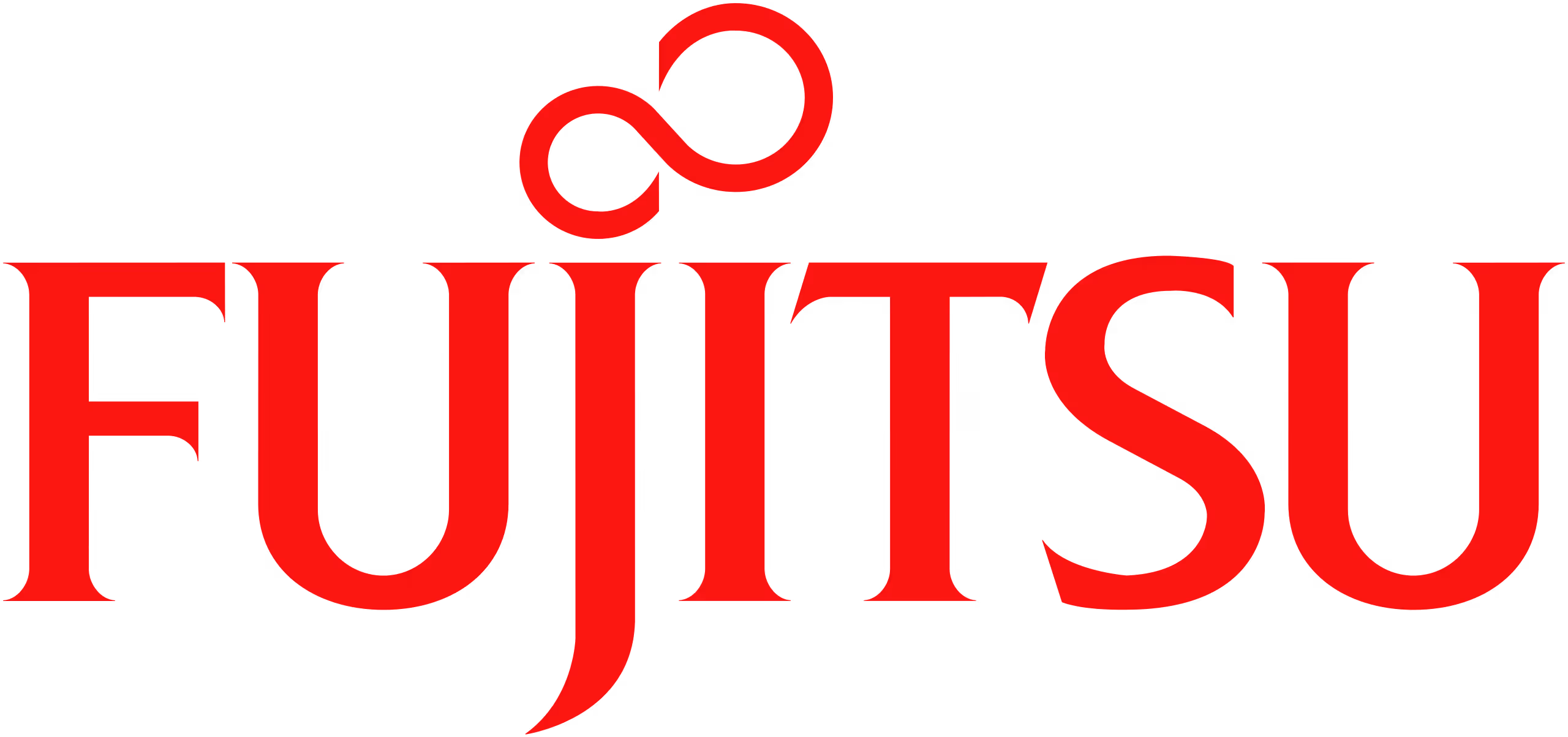 Fujitsu company logo in red with a stylized infinity loop above the letter 'j'.