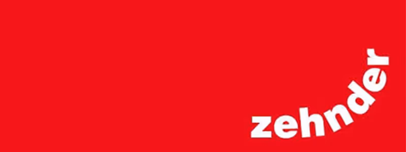 Logo Zehnder en texte blanc incurvé sur fond rouge.