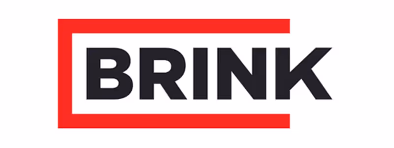 Logo BRINK avec un cadre rectangulaire rouge entourant le nom en lettres noires.