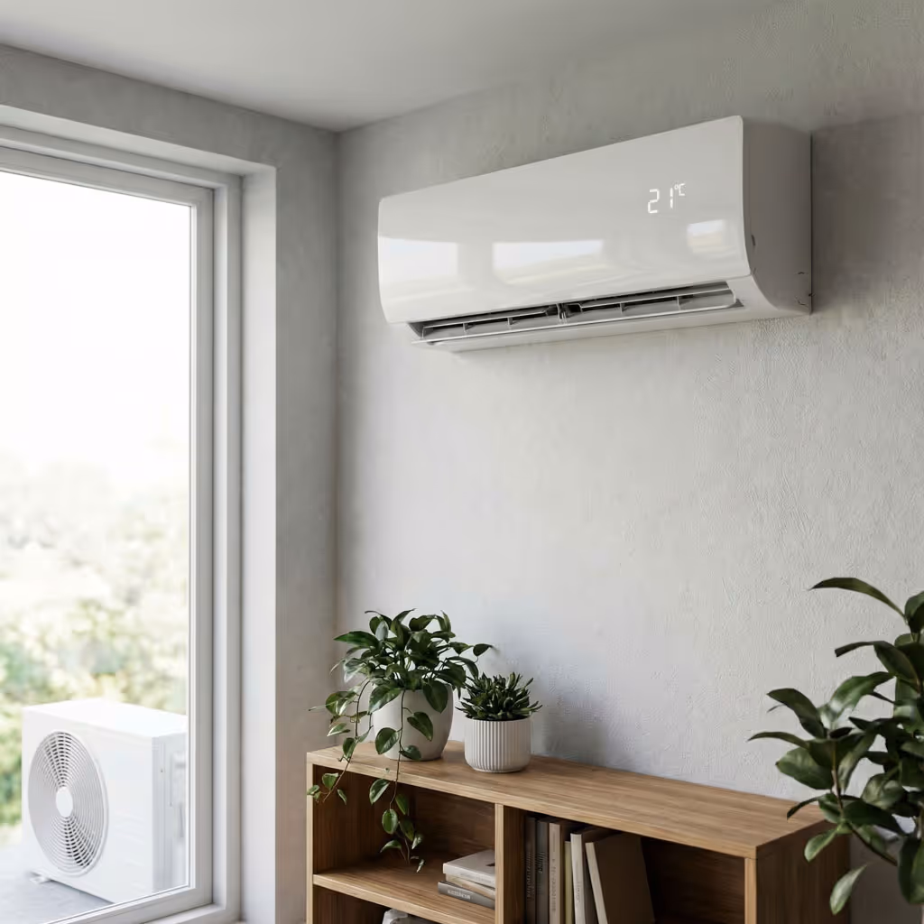 Climatiseur mural blanc affichant une température de 21°C dans une pièce lumineuse avec une fenêtre, une étagère en bois et des plantes vertes.