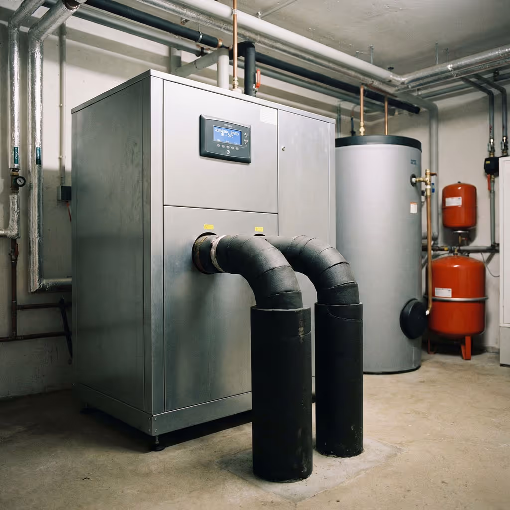 Pompe à chaleur géothermique installée dans un sous-sol avec tuyaux isolés et réservoirs connexes.