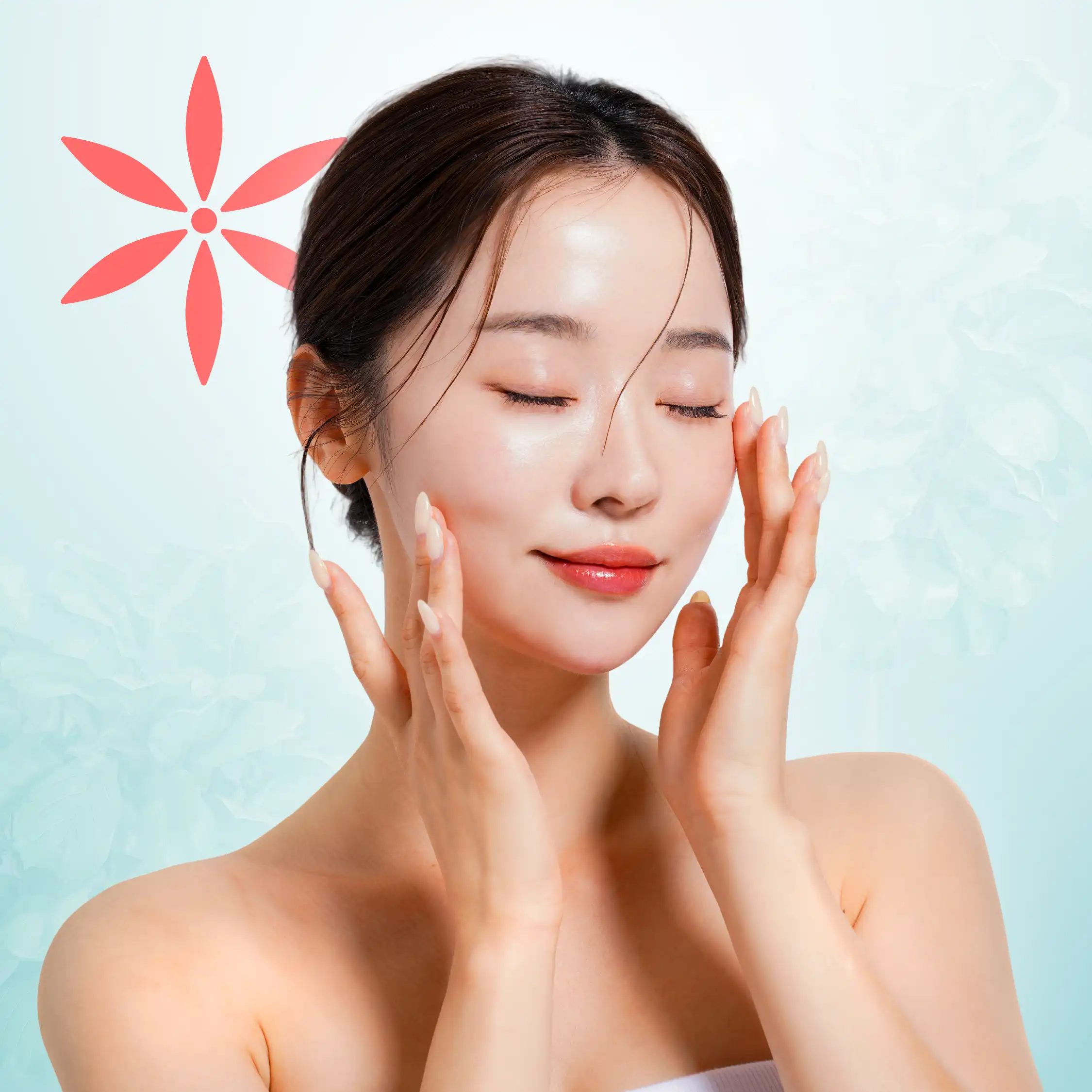 Close up of a woman with clear glowing skin gently touching her face, with a coral flower logo on a soft blue background.