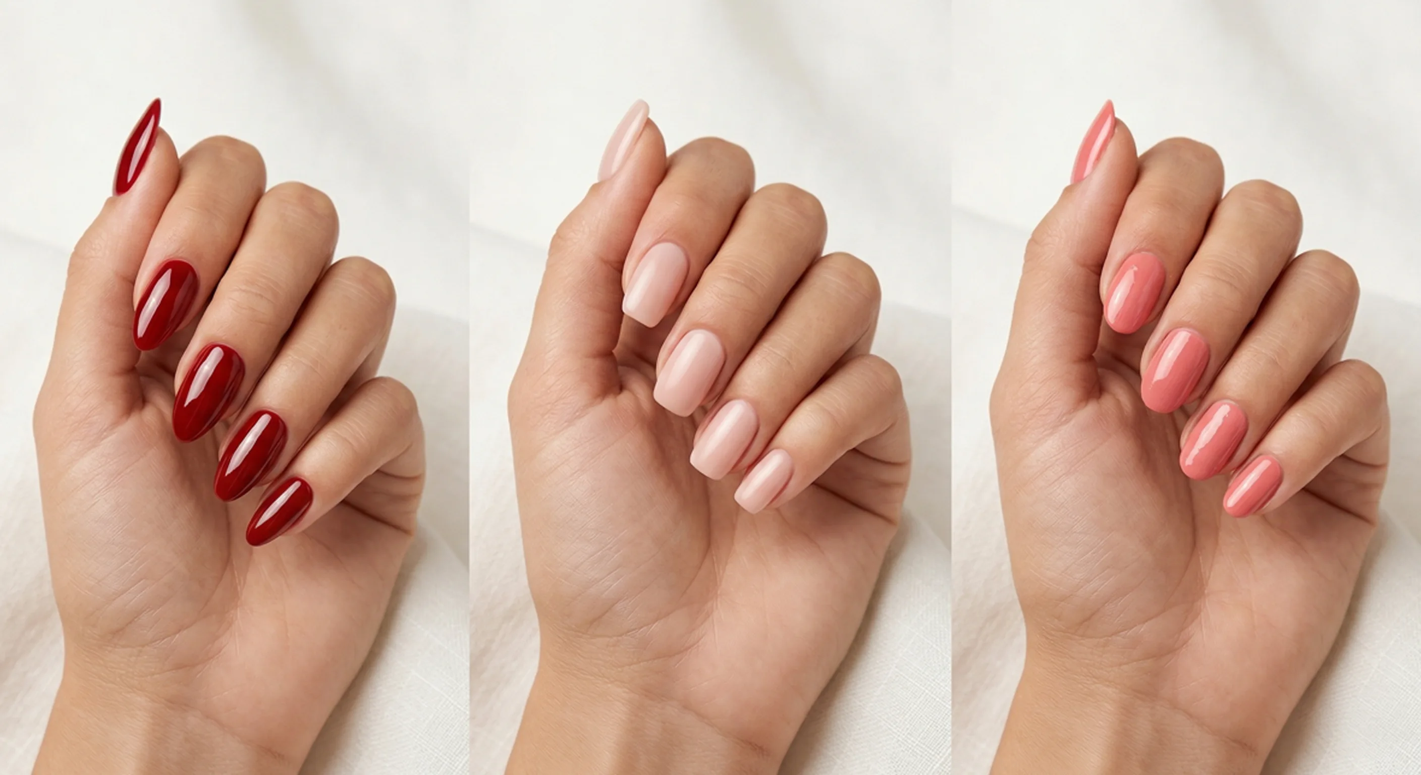 Close-up comparison of three manicure types: glossy gel nails, natural-looking Bio Sculpture gel nails, and classic regular polish manicure on well-groomed hands.