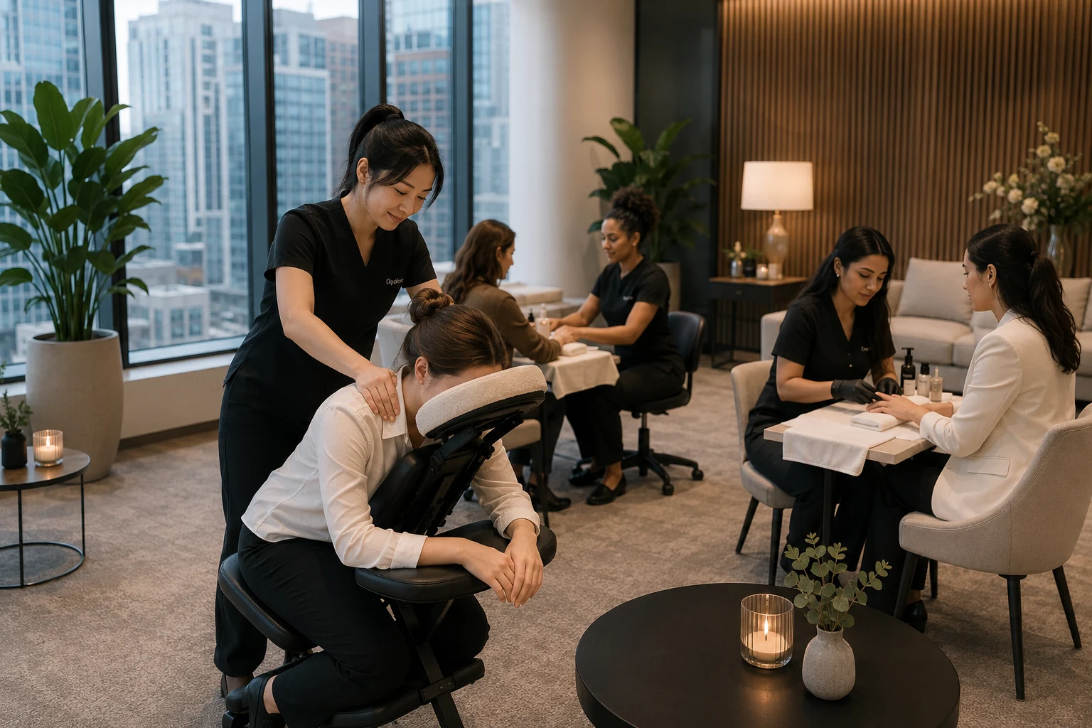 Modern corporate wellness lounge inside a high-rise Toronto office with employees receiving massage and manicure treatments in a calm, spa-inspired workspace environment