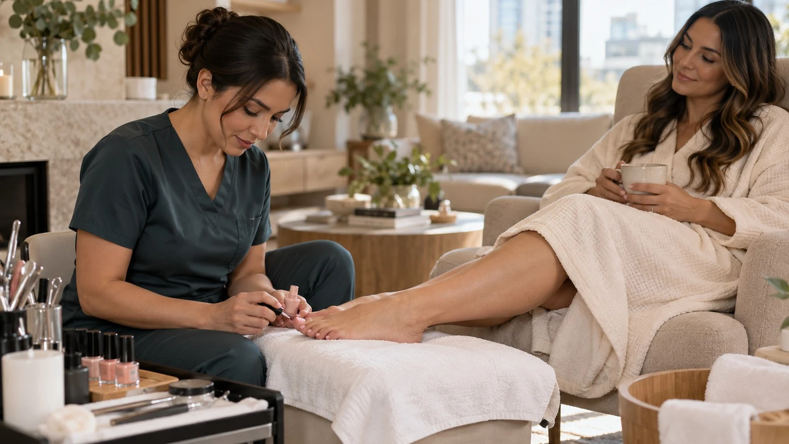 Professional esthetician providing a pedicure to a woman relaxing on her sofa at home, with nail care tools arranged nearby.