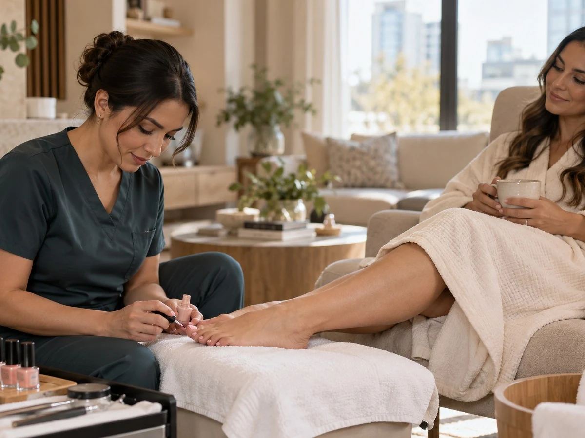 At-home pedicure with a beauty professional applying pink nail polish to a client's toenails in a bright living room.