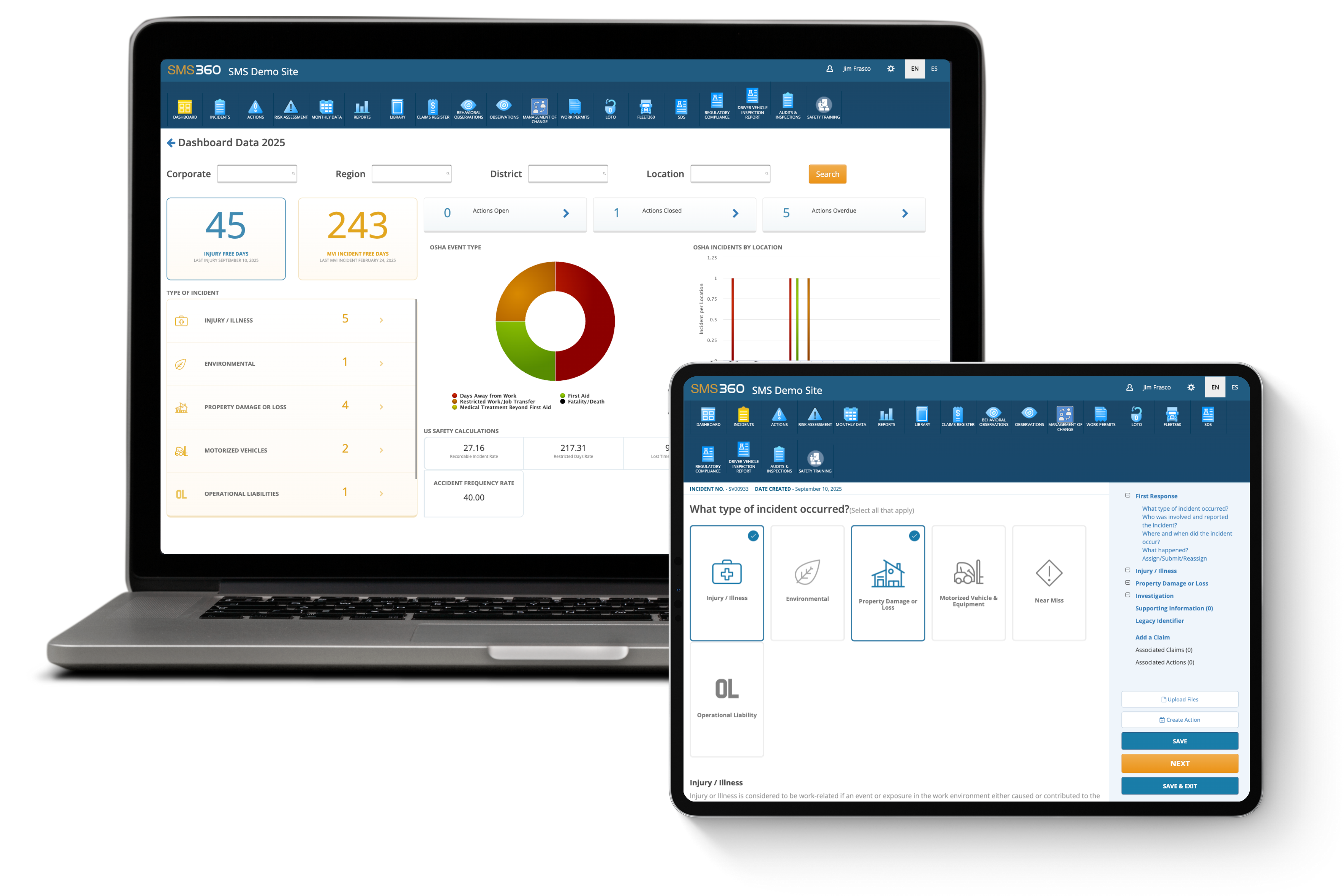 Laptop and tablet displaying SMS 360 dashboards with incident and safety data, charts, and filtering options.