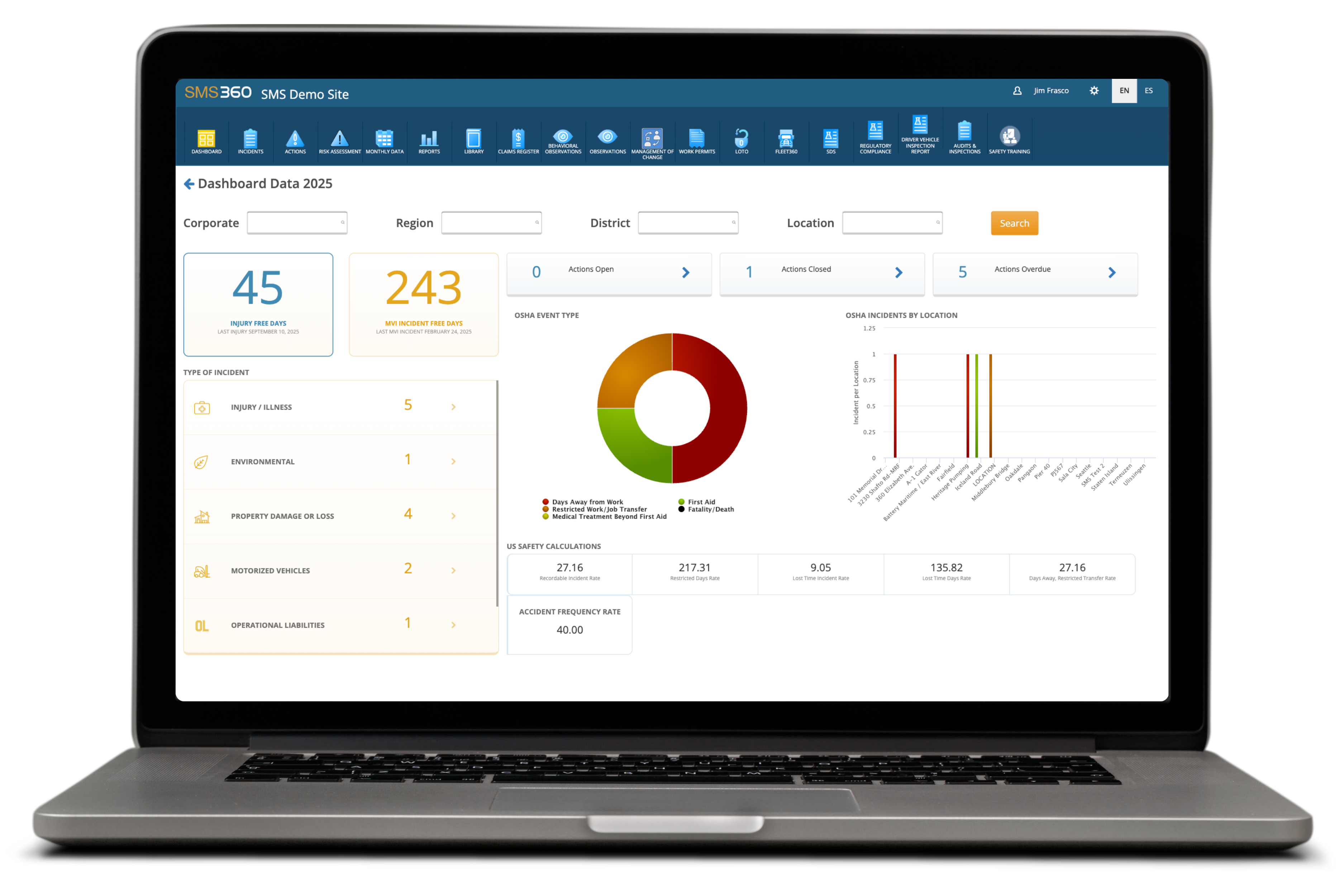 Laptop screen displaying SMS Demo Site dashboard with 2025 safety data including injury-free days, incident types, OSHA event type pie chart, incident locations bar chart, and US safety calculations.