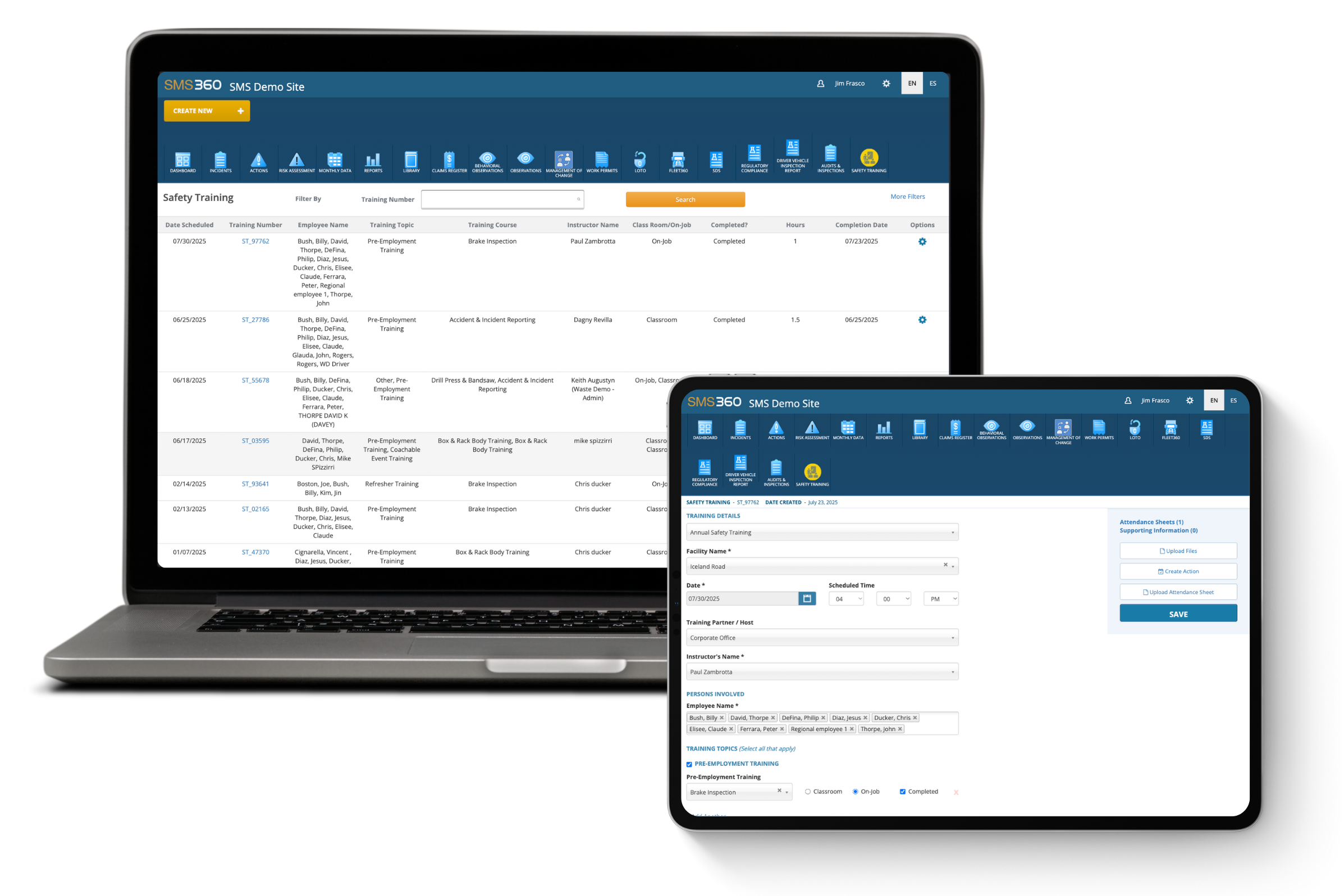 Laptop and tablet screens displaying SMS360 training management software with safety training schedules and course details.
