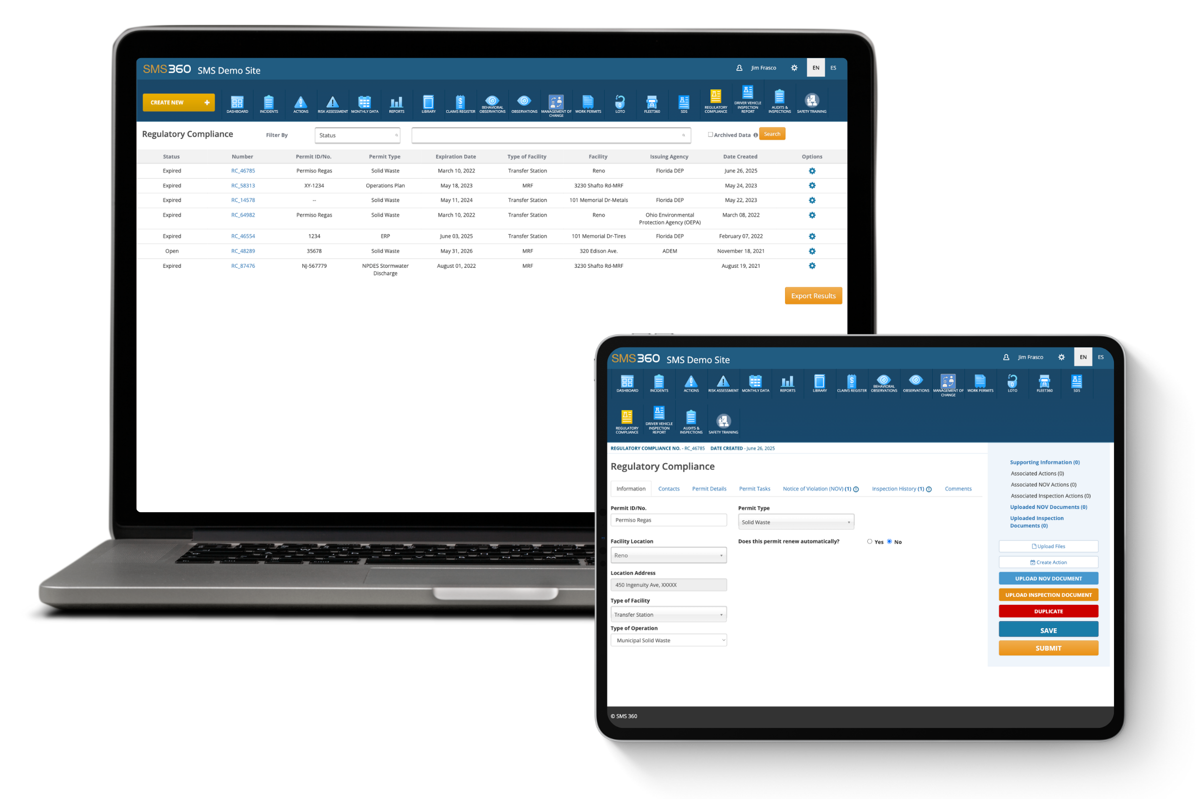 Laptop and tablet displaying SMS 360 software screens showing regulatory compliance data, including permit details and status lists.