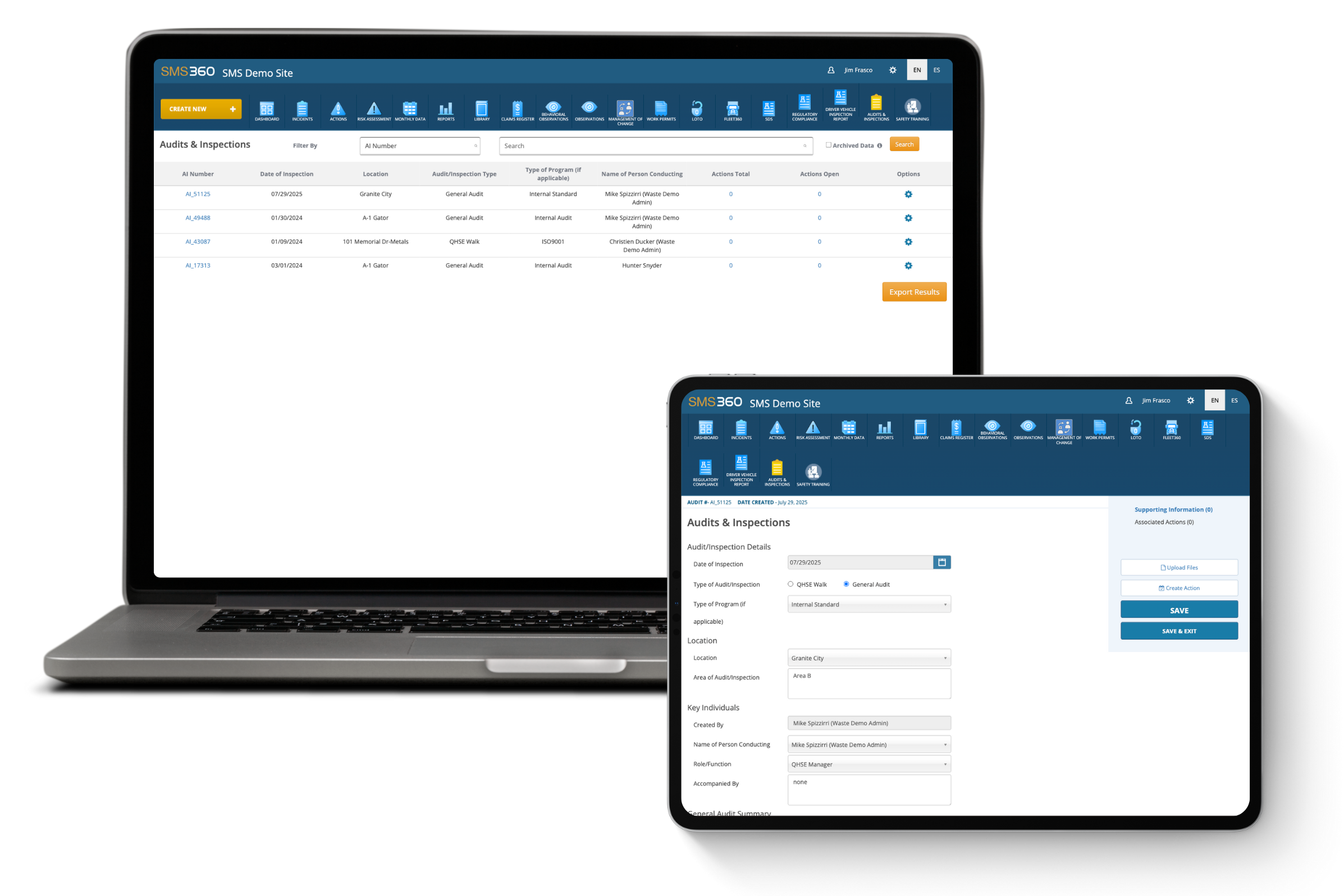 Laptop and tablet displaying SMS 360 demo site with audit and inspection data and form interfaces.
