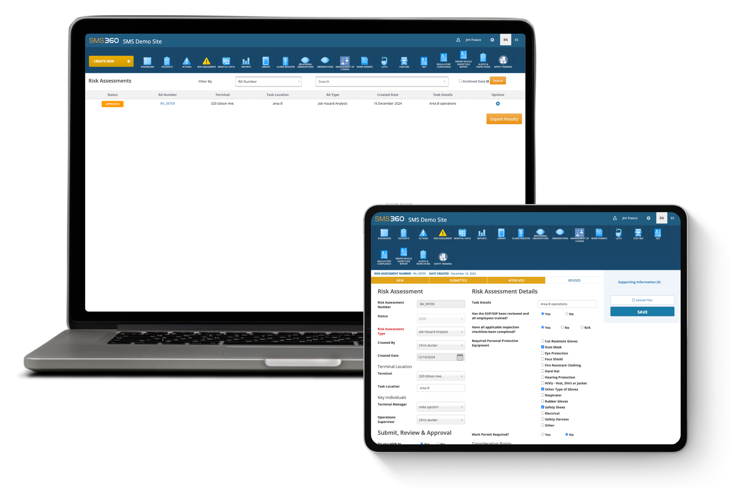 Laptop and tablet showing SMS360 demo site with risk assessment data and details for job hazard analysis.