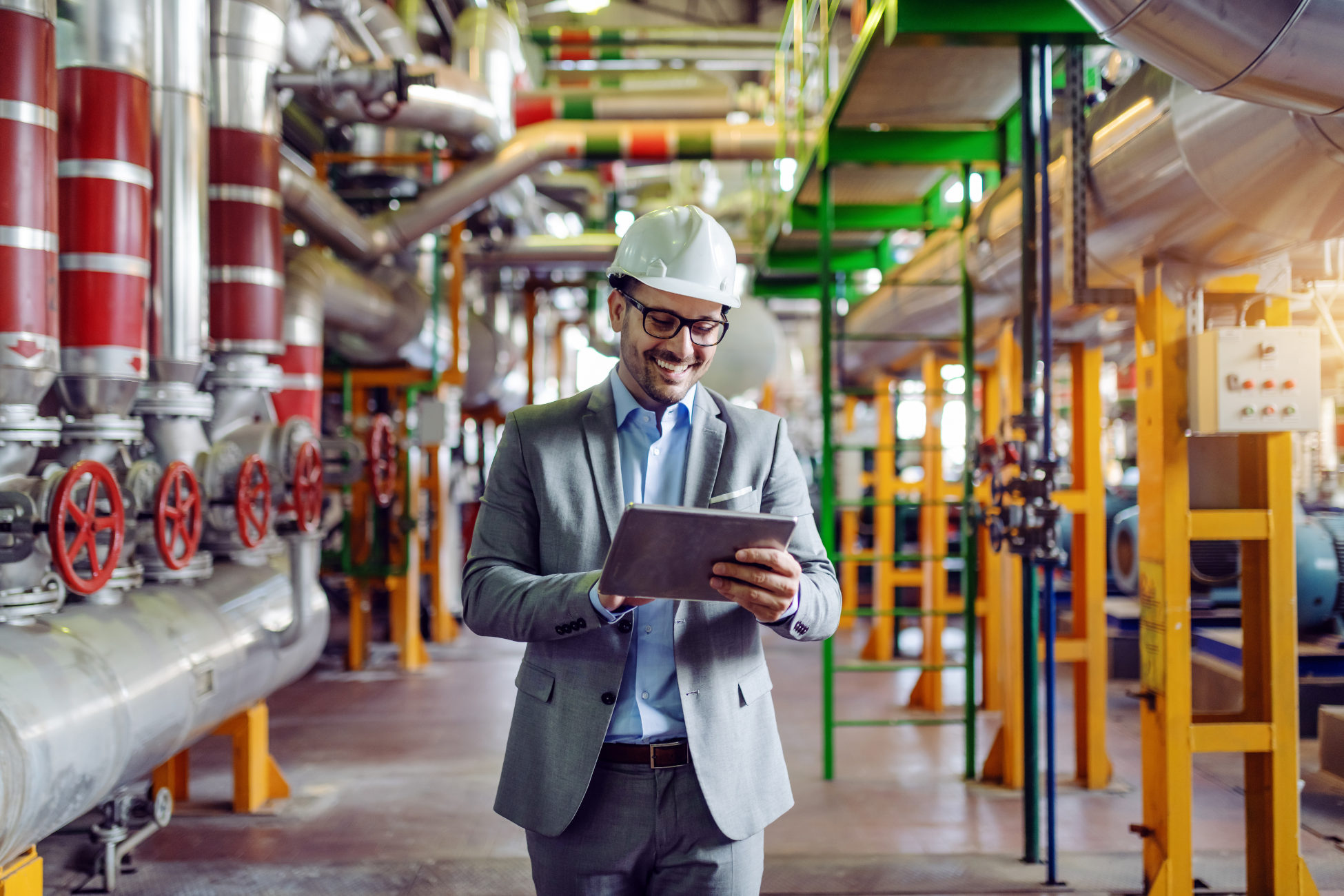 Man in a suit and hard hat smiling while using a tablet in an industrial facility with large pipes and valves.