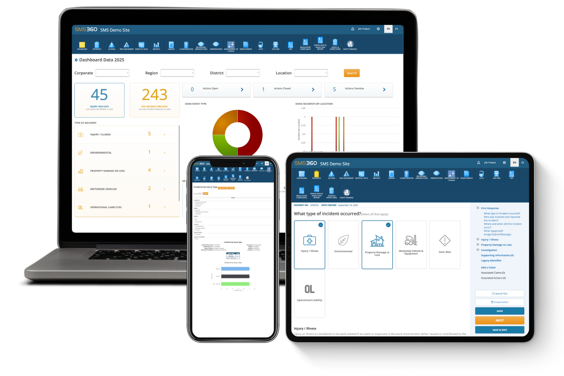 Laptop, smartphone, and tablet displaying SMS360 Demo Site with dashboards and incident reporting interfaces.