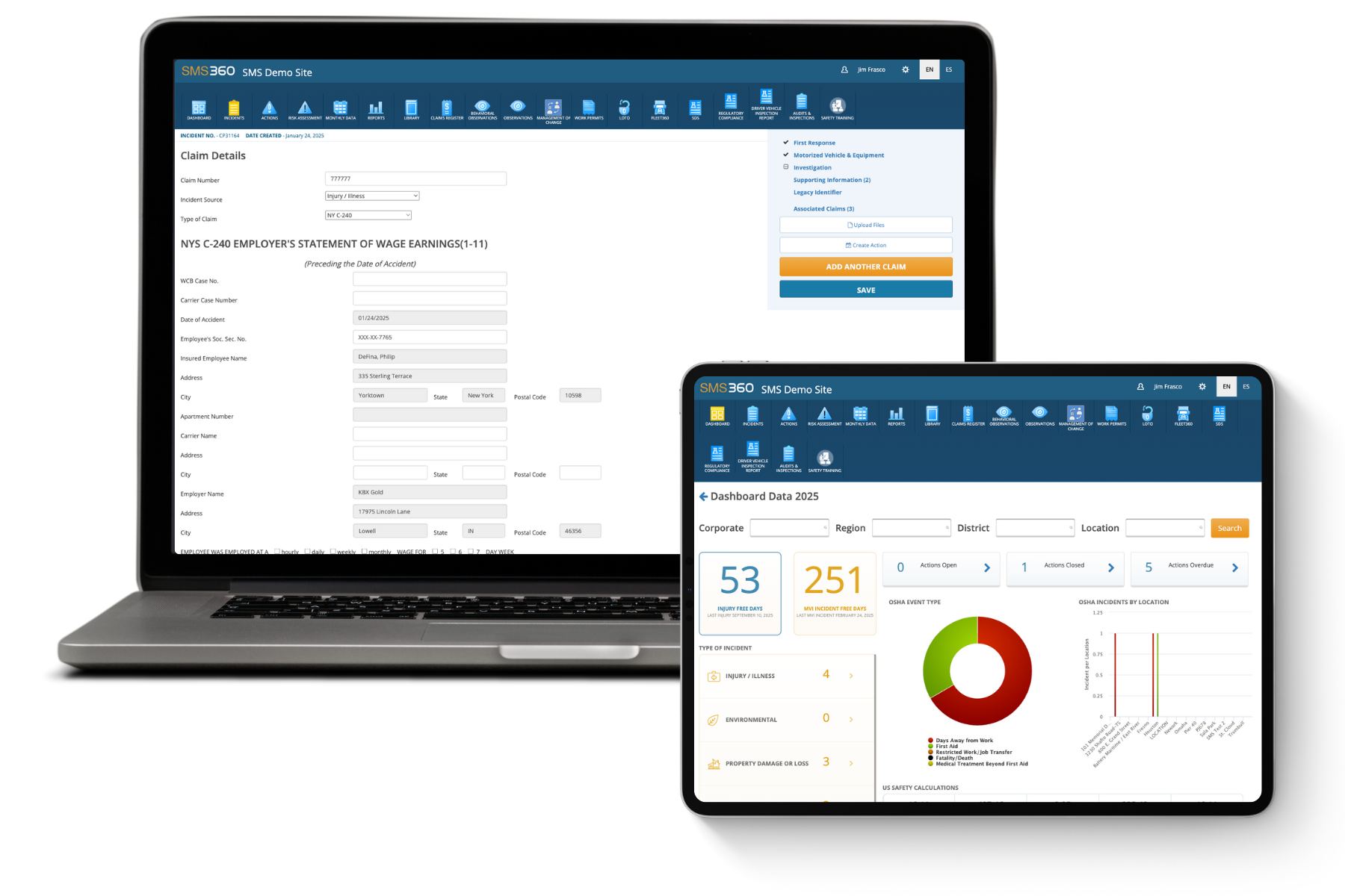 A laptop showing a claim details form and a tablet displaying a dashboard with injury statistics and incident types on SMS 360 software interface.