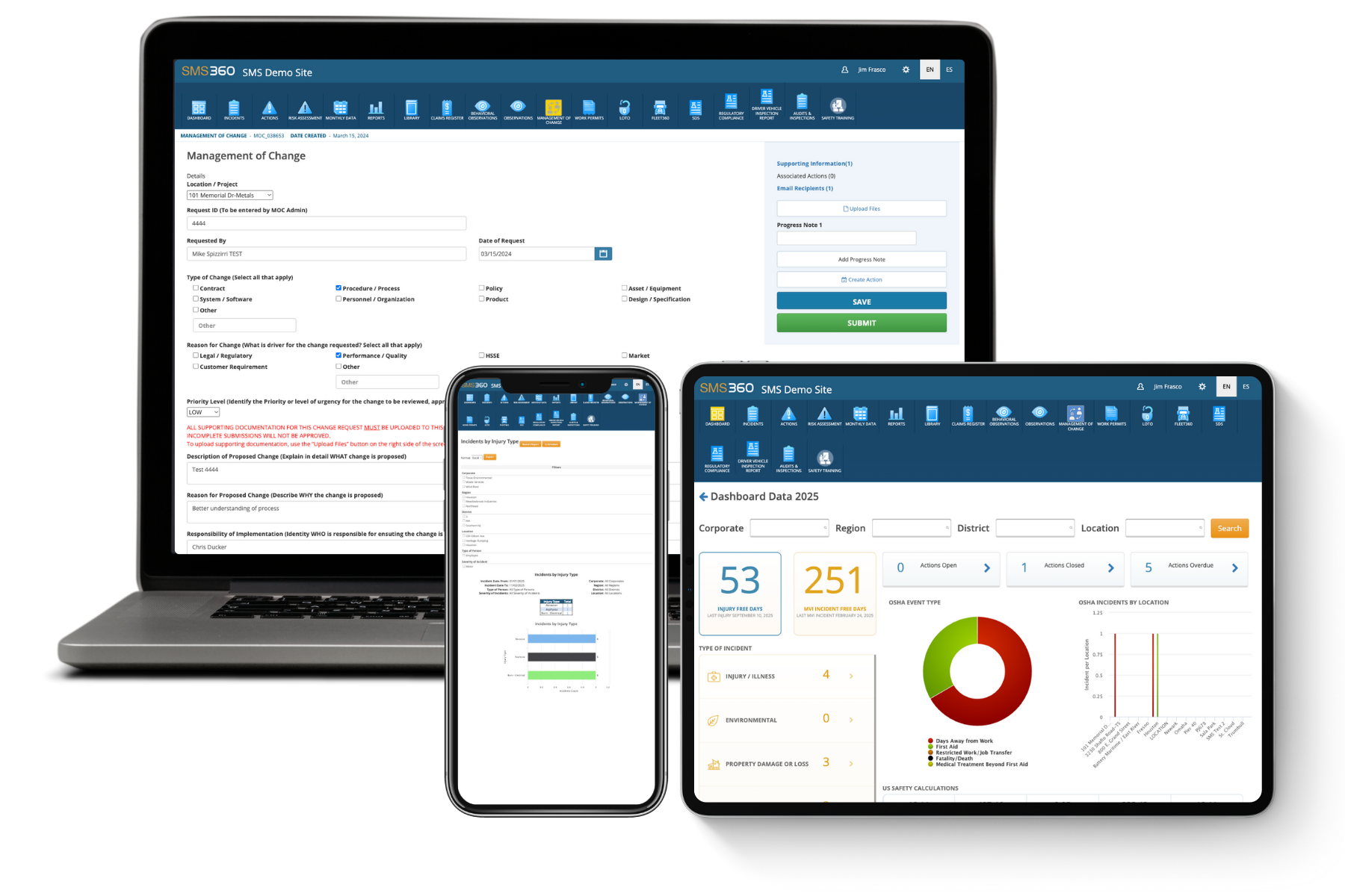 Laptop, smartphone, and tablet displaying SMS360 safety management software dashboards and forms for managing change, incidents, and safety data.