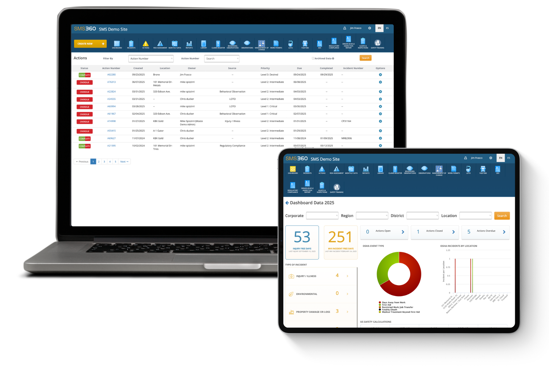 Laptop and tablet displaying SMS 360 software with safety management dashboards and action tracking tables.