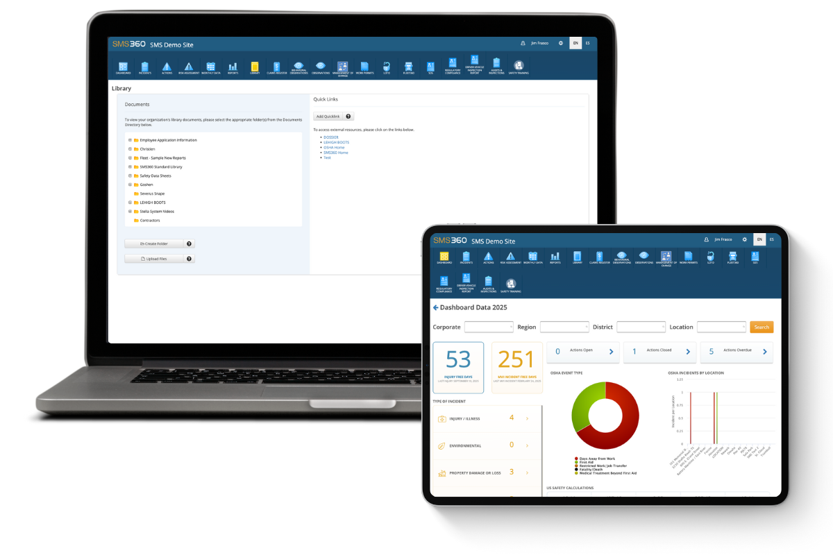Laptop and tablet displaying SMS360 Demo Site with document library on laptop and safety dashboard with charts on tablet.
