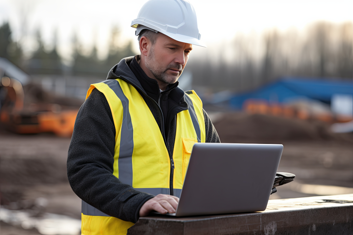 Construction worker wearing a white hard hat and yellow reflective vest using a laptop at an outdoor construction site.