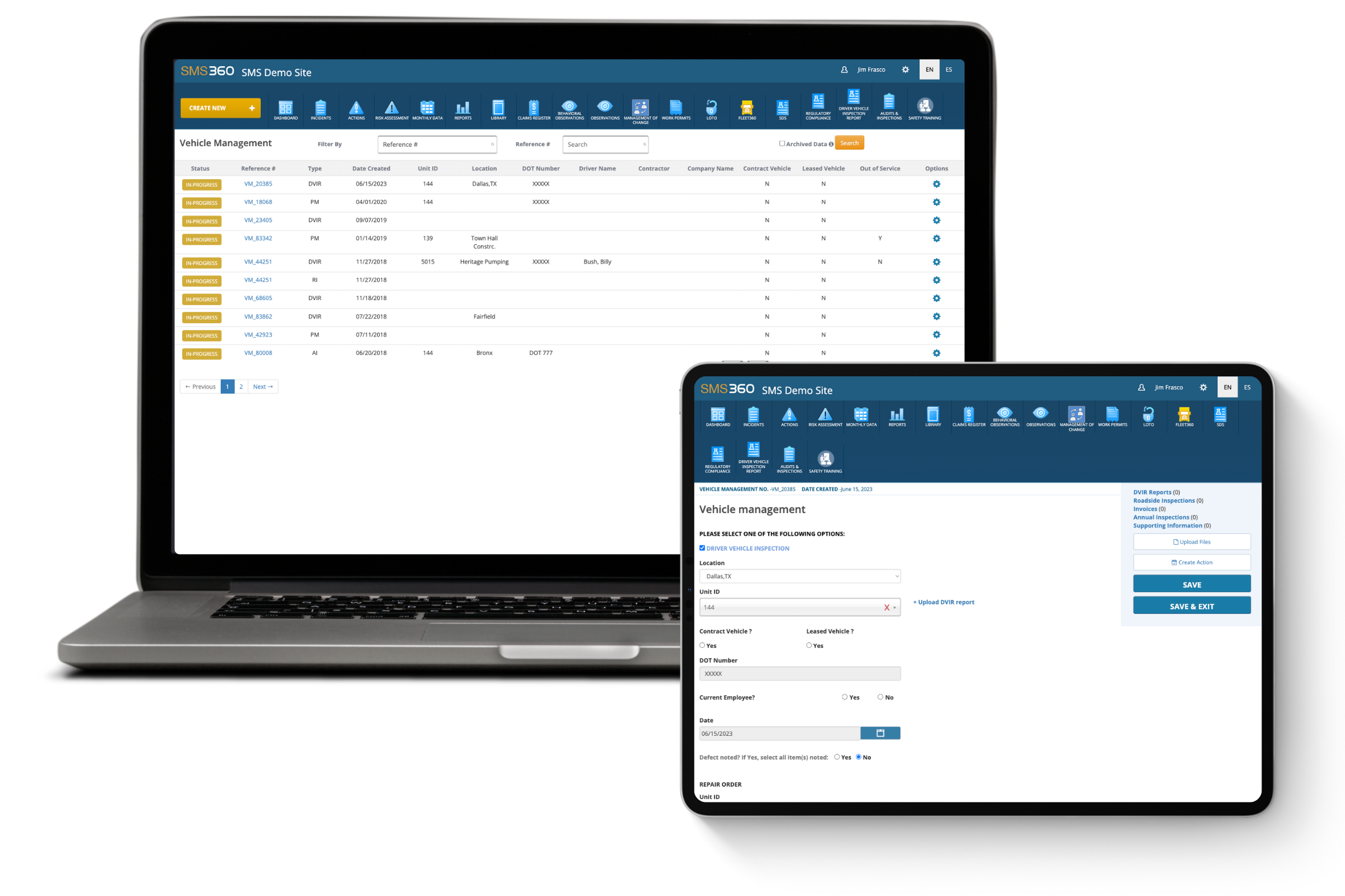 Laptop and tablet displaying SMS 360 vehicle management interface with lists, filters, and input forms for vehicle inspections and reports.